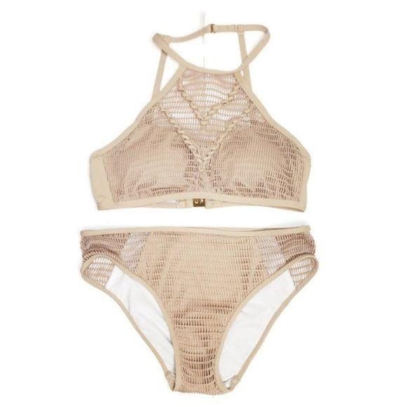 Kenneth Cole NWT nude cream bikini hight waist high neckline crocket knit small - Picture 4 of 7